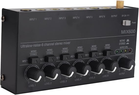 Fockety Mini Audio Mixer Low Noise 6 Channel Line Mixer 1/4 Inch 1/8 Inch TRS Output and Input Sound Mixer Stereo Mixer for Guitars Bass Keyboard Mixer Stage Submixer