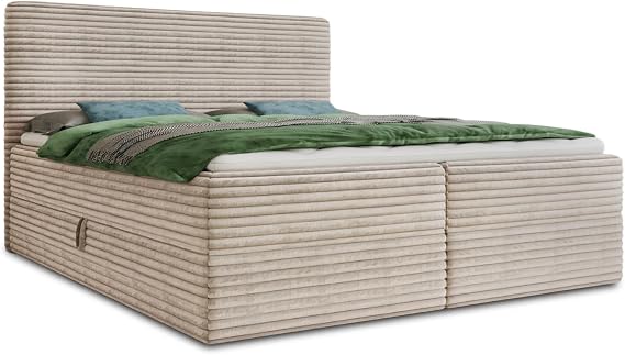 Sofnet Mollo Box Spring Bed with 2 Bed Boxes Double Bed with Bonell Mattress and Topper Upholstered Bed in Soft Corduroy Fabric Bed Bed Frame for Bedroom (Beige (Tilia 03) 140 x 200 cm)