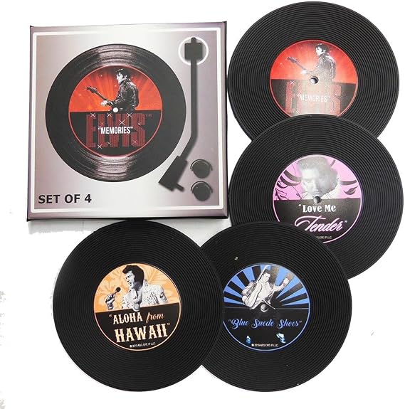 Elvis Presley Vinyl Record Coasters Set of 4 – Non-Slip Licensed Collectible with Gift Box – Featuring Memories, Blue Suede Shoes, Aloha from Hawaii, and Love Me Tender by Midsouth Products