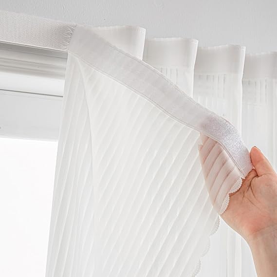 Self Adhesive White Gauze Sheer Curtains, Light-Filter Privacy Fabric, Foldable Hook-&-Loop Curtain No Drilling (54" W x 84" L,White,2 Panels)