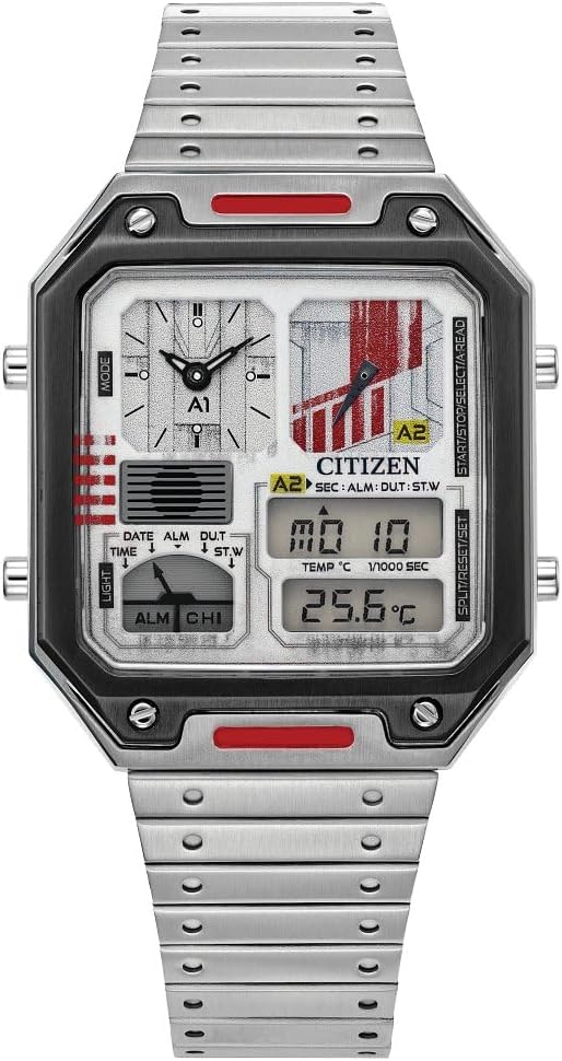 Citizen Men's Star Wars Vintage Analog-Digital Quartz Stainless Steel Watch Rectangle, Rebel Pilot/Silver Tone/Red, Star Wars Rebel Pilot Ana-Digi