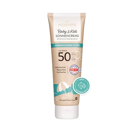 MABYEN 100% Mineral Sun Cream Baby & Kids SPF 50 100 ml - UVA/UVB COSMOS zertifizierte Naturkosmetik mineralisch mit Zinkoxid kein Weißeln Sofort-Schutz wasserfest parfümfrei vegan