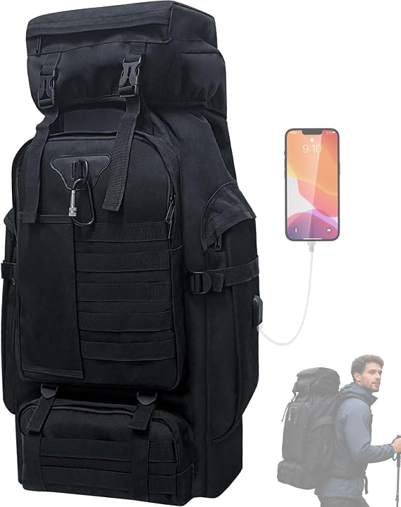 80L Camping Hiking Backpack, Large Military Tactical Backpack with USB Charging Port, Waterproof Travel Daypack With Carabiner Outdoor MOLLE Rucksack for Men Women (Black-Biner)