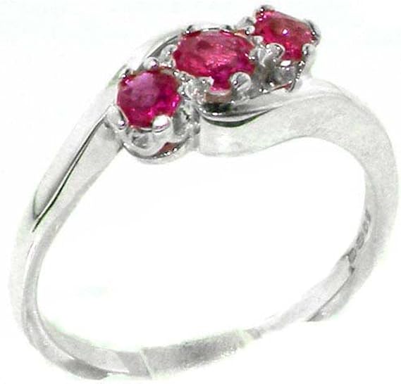 Solid English Sterling Silver Ring, Natural Ruby Trilogy Ring - Size K