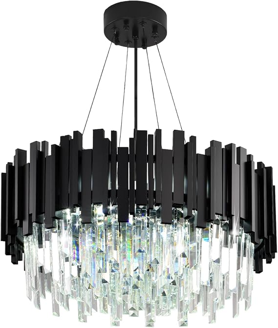 AHXIAOZN Luxury E14 Crystal Chandelier,2 in 1 Chandeliers Ceiling Light, Black Ceiling Lights Living Room,Round Lampshades 3 Tiers K9 Crystals Pendant Light (55 * 55 Cm Black)