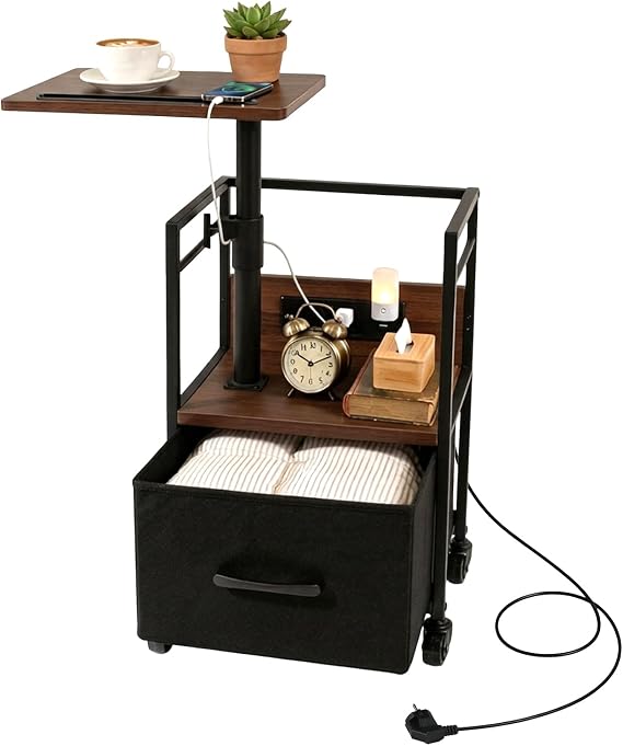 Bedside Table with Charging Station, Rotating Nightstand on Wheels with Adjustable Height, Drawer Storage and Swivel Top, Narrow Side Table for Bedroom, Sofa Side and Small Spaces Walnut