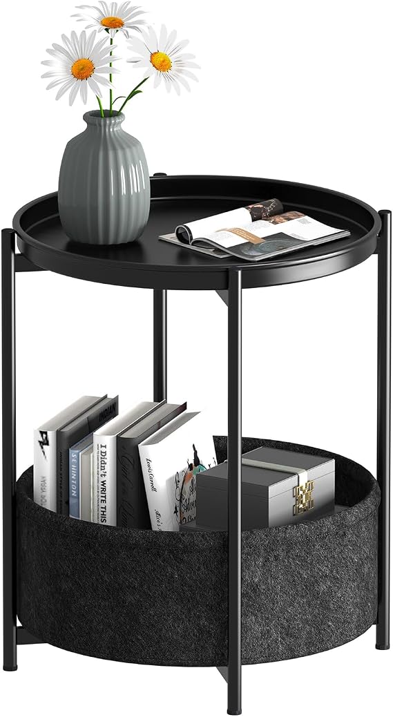 Garden 4 you Side Table, Round End Table with Fabric Basket, 2-Tier Sofa Side Tables, Bedside Tables, Nightstand for Living Room, Bedroom, Office, Modern Style, Black