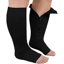Plus Size Compression Socks: Wide Calf Graduated Pressure Support Stockings Men Women Open Toe Toeless Zipper Extra Large Flight Socks for Swollen Legs Pregnancy Travel 20-30mmHg 1 Pair