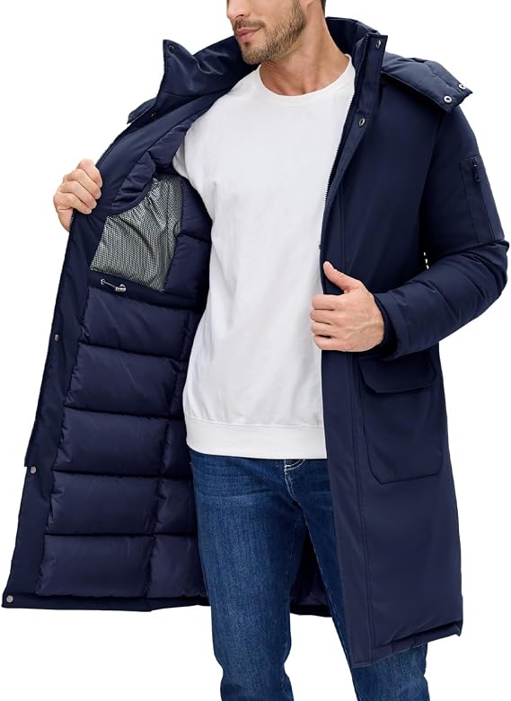 TOMEEK Men's Jackets Winter Warm Long Mens Coats Thermal Puffer Jacket Thicken Windproof Parka Coat Hooded Zip Up Outdoor Winter Jackets for Men with Pockets