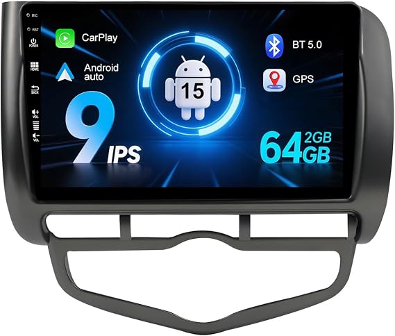 9inch Android 15 Car Stereo Fit For Honda Fit Jazz RHD 2001-2008- 2 Din Head Unit Free Rear Camera - Support DAB+ /Mirrorlink/USB/WiFi/Bluetooth/Carplay/GPS Navi-2G+64G