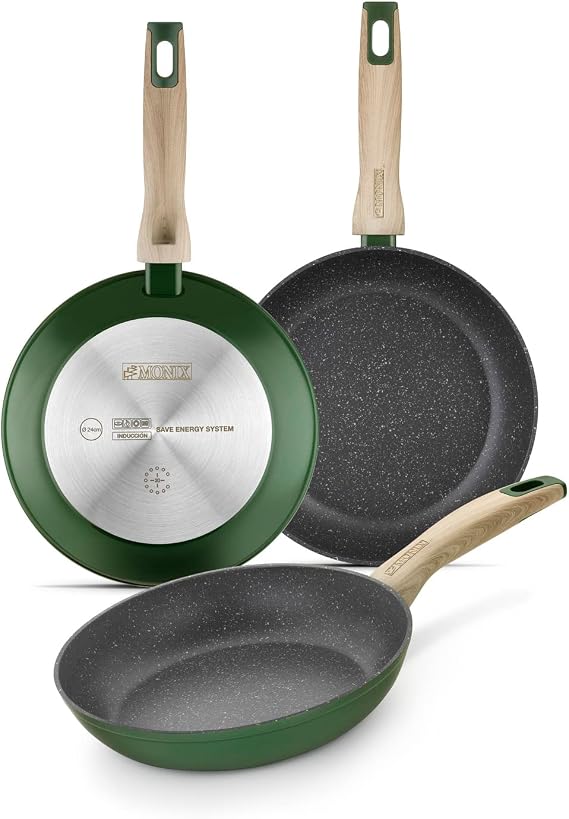 MONIX Amazonia | Set of 3 frying pans 18-22-26 cm forged aluminium, titanium reinforced non-stick PFOA-free, suitable for all types of hobs including induction