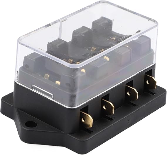 4-Circuit ATO ATC Fuse Holder with Transparent Dual-Layer Cover for Vehicle Wiring Harness Protection and Organization