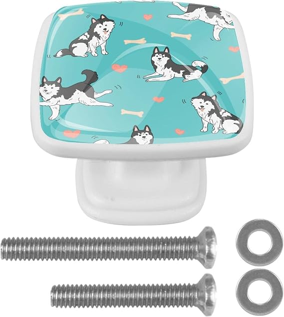 4 Pack Kitchen Cabinet Knobs, Drawer Knobs, Dresser Knobs, Drawer Pulls, Dresser Drawers, Handle Knobs, Cartoon Animal Husky Heart