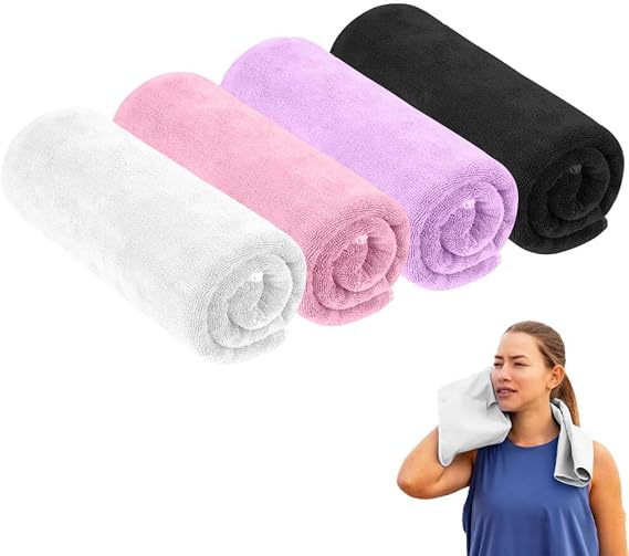 Microfibre Gym Sports Towels, 4 Pack Fast Drying & Absorbent Gym Towel for Men Women, Workout Sweat Towels for Gym Travel Camping Hiking Yoga (White Black Purple Pink, 35 X 75cm)