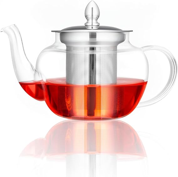 Spring Chef Durable Infuser Teapots for Loose Tea, Borosilicate Glass Teapot with Infuser, Transparent Round Glass Tea Pot 600ML/21.11OZ