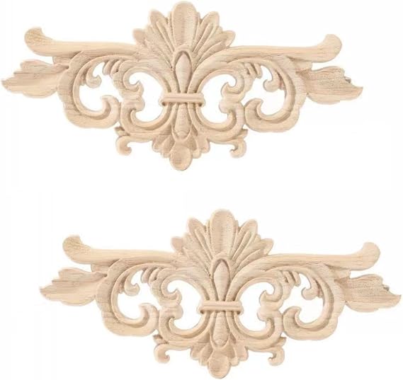 2 Pcs Rubberwood Floral Appliques, Unpainted for Furniture DIY