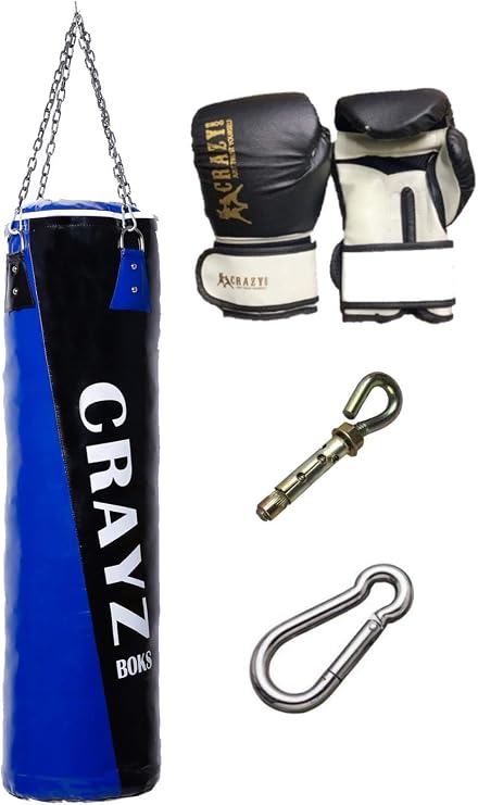 Crayz Boks Kum Torbası Boks Eldiveni Set Orta Boy 100X30 Askı Aparatı (Mavi Siyah)