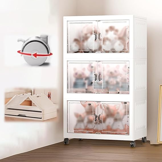 Display Case Foldable Plastic Display Cabinet with Wheels, Stackable Storage Box w/Double Door & Lid, Transparent Acrylic Display Case for Collectibles(3-Layer)