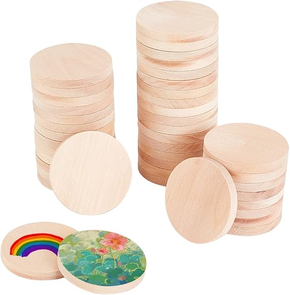 OLYCRAFT Pack of 50 4 cm Natural Wood Discs 5 mm Thick Unfinished Wooden Circles Blank Natural Wood Circles Round Cutouts Thick Wooden Discs Chip for DIY Crafts Painting Wood Engraving Home Decor