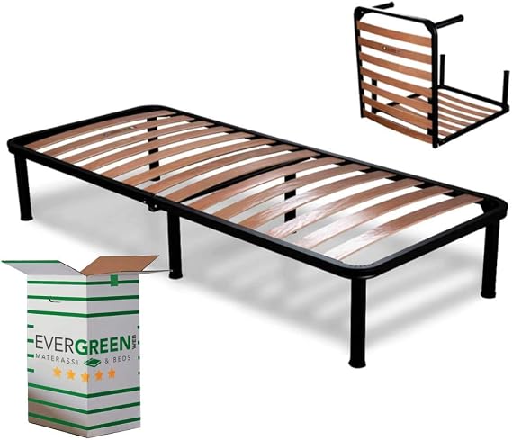 EVERGREENWEB – Folding Small Single Bed Frame 75x190-35 cm High with strong Iron Frame and Beech Wood Slats, Orthopedic Bed Base FULLY ASSEMBLED + 6 Legs for all Mattresses & Pillows, 100% ITALIAN
