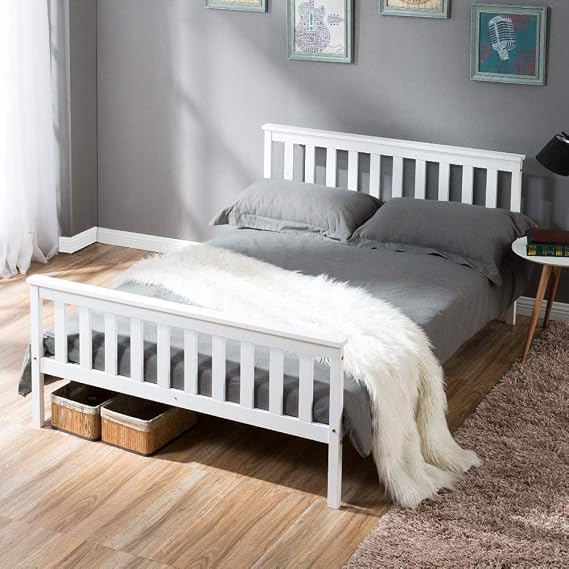 Merax 4ft6 Double Bed, Space-saving and Elegant, 13 Thickened Slats, 3 Middle Supporting Legs, Solid Wooden Bed Frame with Headboard and Footboard for Adults, Kids and Teenagers, 135x190cm, White