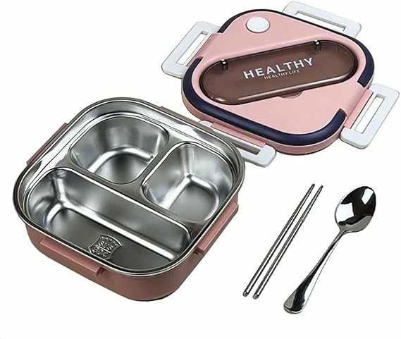 Bento Box, Thermal Lunch Box, 3 Compartments, Bento Box, Portable, Square Shape, Leak Proof, 4-Point Lock, Lady’s Box, Chopsticks & Spoon Included, Storage Bag, Smartphone Stand Function, Large