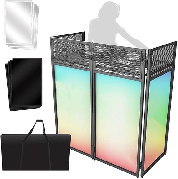 Foldable DJ Event Facade Flat Table Station, Portable Adjustable DJ Screen Facade Booth, 40 * 40 * 20 Inches DJ Event Flat Table Top with White & Black Scrim/Metal Frame/Padded Carrying Bag, for Party