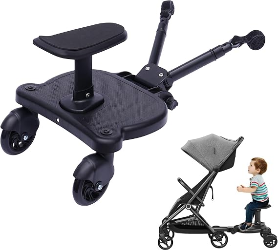 Universal Buggy Board with Seat 2-in-1, Kiddy Board Portable Pram Standing Board, Compatible with 99% Pushchairs, Adjustable Height & 360° Rotation Wheels, for Kids 3-7 Years (25kg)