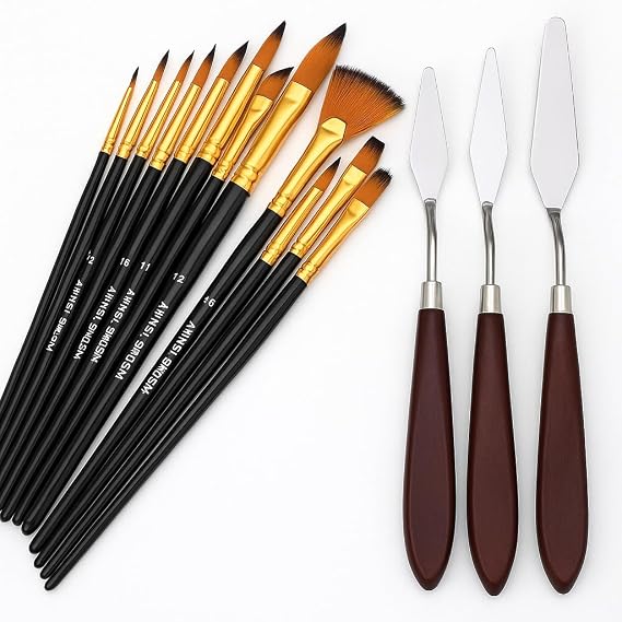 Hannah Ressam Sanat Malzemeleri Seti 12’li Fırça Seti + 5’li Metal Spatula | Akrilik, Suluboya, Yağlıboya için Profesyonel Sanat Malzemesi Sanatçı, Öğrenci, Hobi Kullanımı