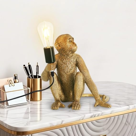 Cute Monkey Lamp,Gold Animal Table Lamps,Resin,Kids/Familie Gifts [Energy Class F]