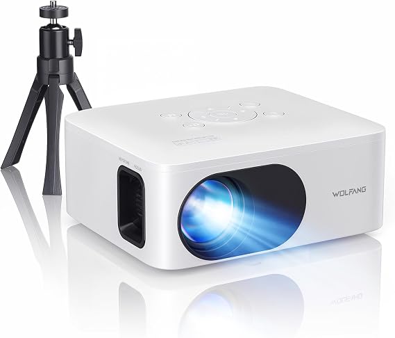 WOLFANG Mini Projector with Tripod, 1080P Full HD Portable Phone Projector, Outdoor Home Theater Movie Projector Compatible with HDMI, USB, Smartphone, Tablet, PC, TV Stick, AV, Micro SD Card