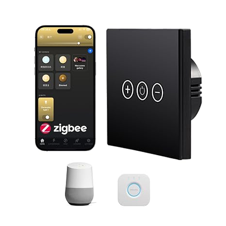 Smart Zigbee Dimmer Switch Touch Panel, No Neutral Wire Required, Single Gang 200W LED Dimmable Light Switch, Compatible with Alexa, SmartThings, Hubitat, Black