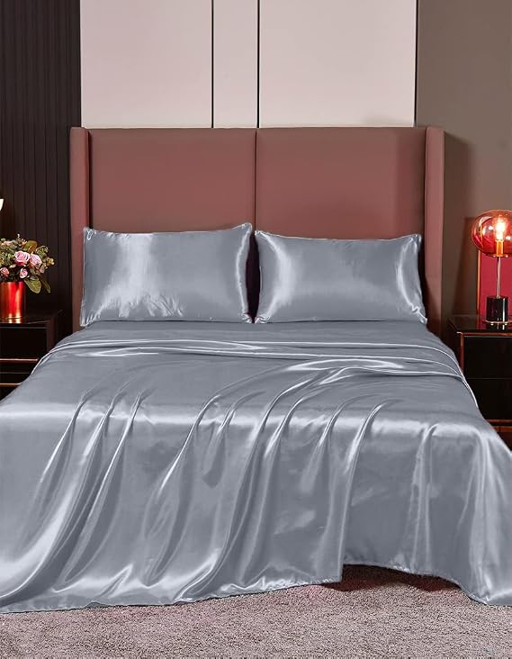 4 Pc Silk Satin Sheets Set | Silk Satin Fitted Sheet | Silk Satin Flat Sheet | Silk Pillowcase | 4 Pc Silk Satin Sheet Set | Hotel Quality Silky Soft Luxurious !!!! Silver Gray, King