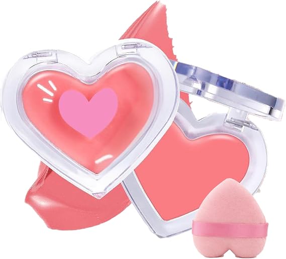 Heart-Shaped Cream Blush Compact, Berry Rose Coral Pink, With Sponge