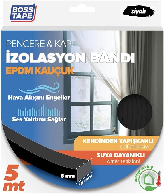 Boss Tape EPDM Kauçuk Pencere Kapi Izolasyon Bandi, 5mm X 15mm X 5mt Boyut, Siyah