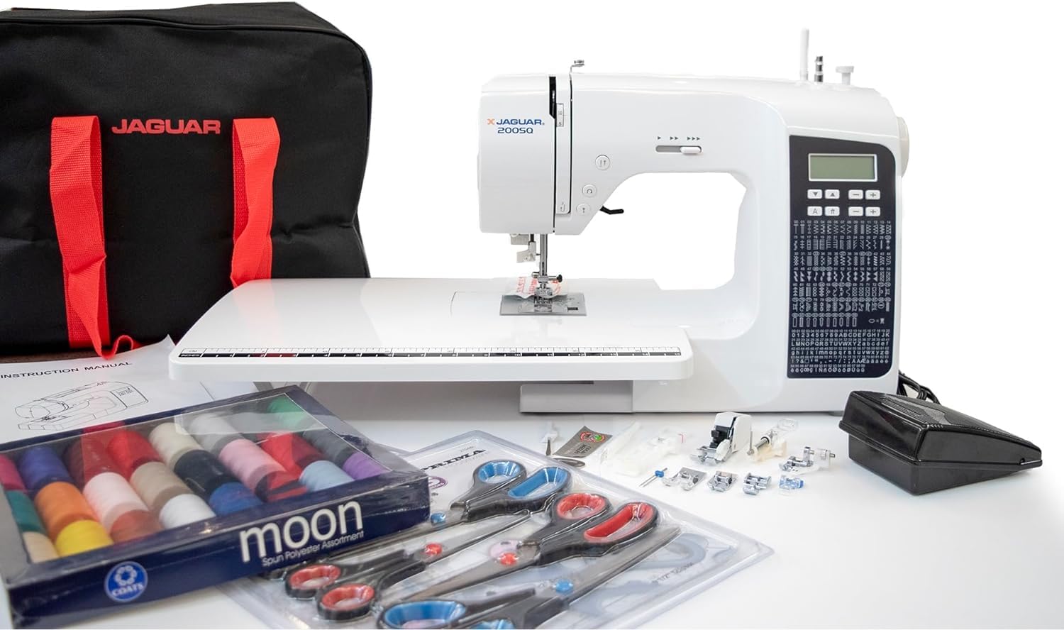 Máquina de coser computarizada Jaguar 200SQ, 200 puntadas, 9 ojales, incluye paquete de accesorios grande [Clase de eficiencia energética A]