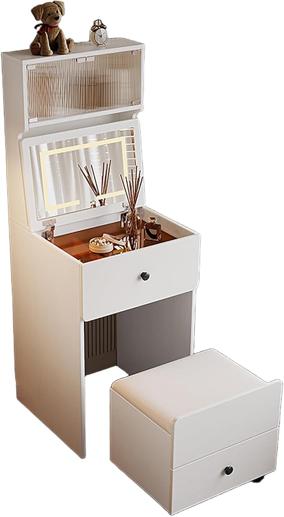 Dressing Table with LED Lights, 3 Light Colors, Vanity Table with USB Power Outlets, Vanity Desk with Mirror and Stool, Makeup Desk with 2 Drawers and Storage Cabinet (White,48cm)
