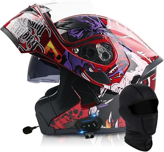 Flip Up Full Face Motorcycle Helmet, Bluetooth Modular Helmet Dual Visor Folding Full Face Helmet ECE Certified Men Women Scooter Helmet With Bluetooth Headset