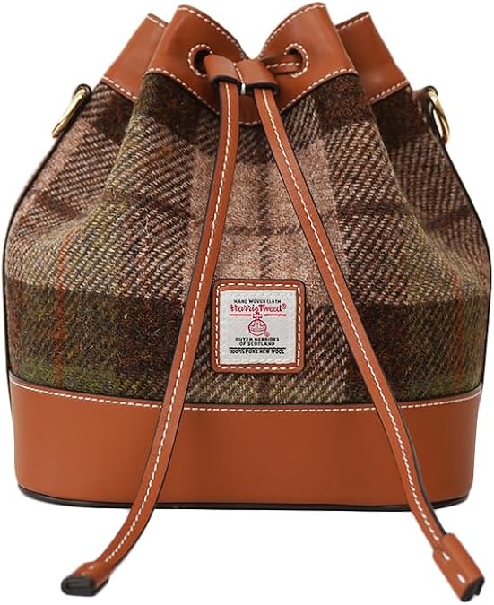 TAILORMAP Harris Tweed Wool Leather Bucket Bag Stylish and Spacious Purse for Women Crossbody Handbag Hobo Bag (8.6 * 7.8 * 5.9in)