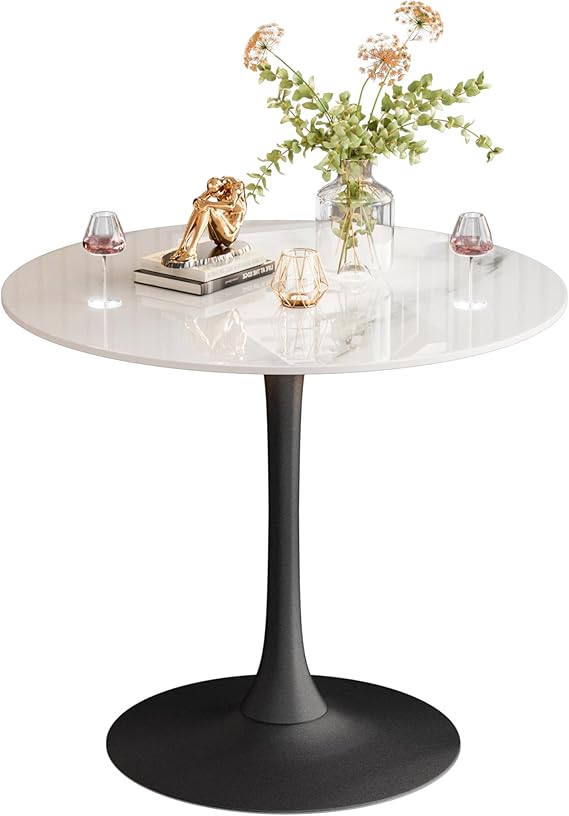 FATIVO Kitchen Dining Table Marble Tabletop: Round 76cm Modern Sintered Stone High Gloss Snow Mountain White Marble Top Dinner Tables with Black Round Pedestal Base for Home Coffee Shop Restaurant