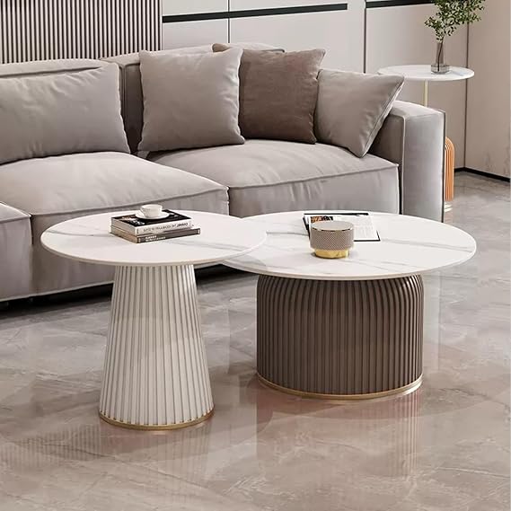 Round Nesting Coffee Table Set Of 2 Table, Marble Pattern Accent Tables, End Tables Living Room For Living Room Bedroom Balcony Yard(Color:White+coffee)