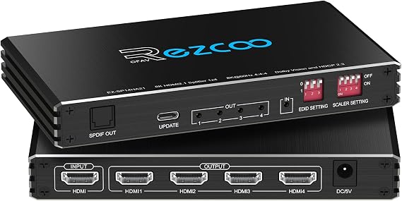 HDMI 2.1 Splitter 4K 120Hz 1 IN 4 Output with Audio Extractor VRR ALLM HDCP2.3 HDR10+ Optical SPDIF and 3.5mm AUX Audio EDID Scaler 4K 1080P HDMI Splitter 1 IN 4 Out for PS5 Xbox NVIDIA