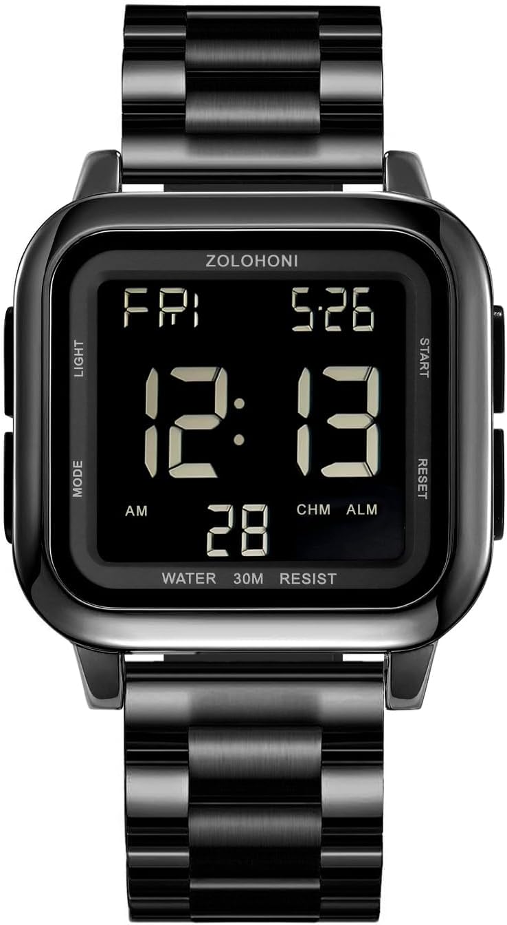 Square Men's Digital Watch Big Numbers Dial Large Face Waterproof LED Watches with Alarm Date Stopwatch