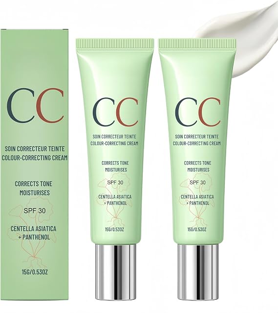 2PCS Color Correcting CC Cream with Centella Asiatica,Tinted Moisturiser & Skin Tint,Full Coverage Foundation for Mature Skin,Lightweight Makeup with SPF,Smooths Texture & Enhances Radiance
