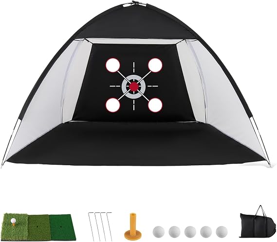 COSTWAY Golf Practice Net, 10x7ft Golf Hitting Net with Foldable Tri-Turf Mat, Balls, Tee and Carry Bag, Golf Training Aid Set for Indoor Outdoor Backyard Driving Chipping