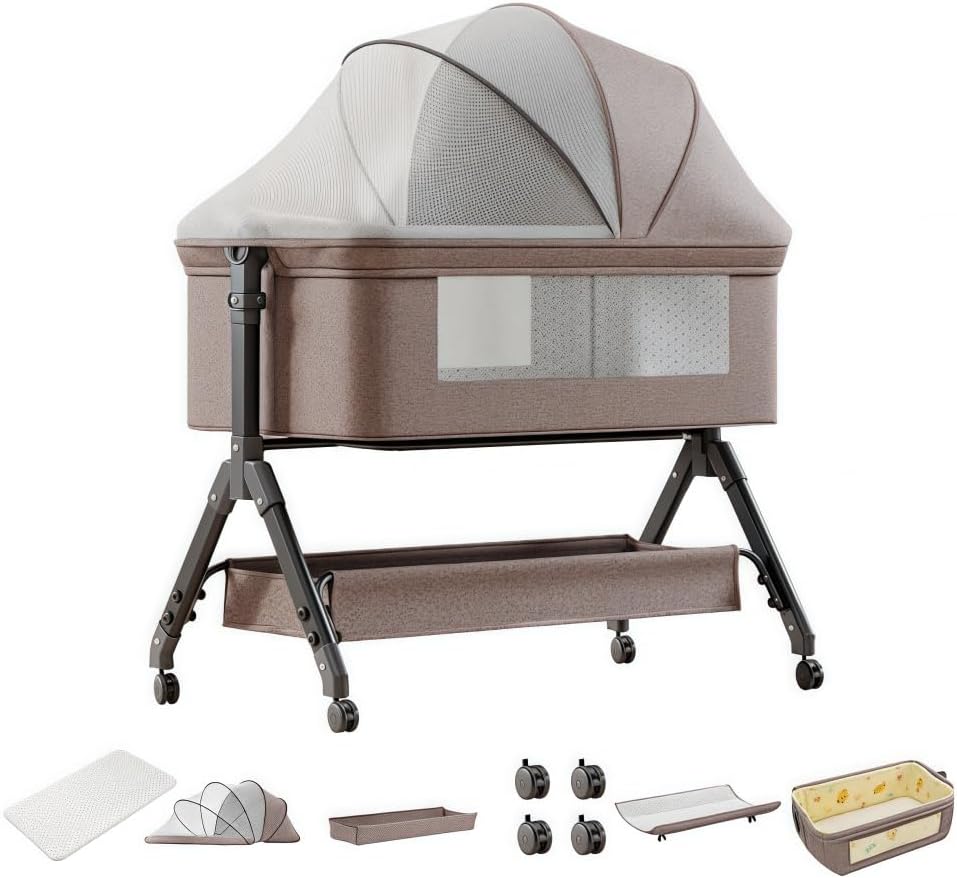 Bedside Sleeper Bedside Crib,3 in 1 Travel Baby Crib with Breathable Net,Adjustable Portable Bed for Newborn & InfantKhaki