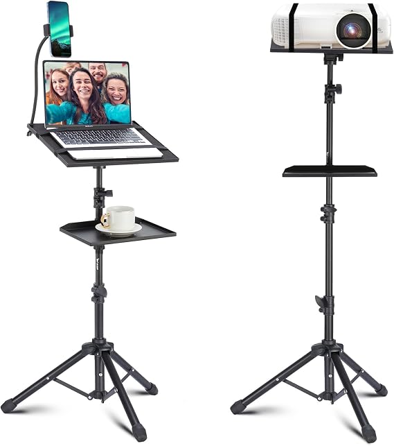 Projector Tripod Stand, Lusweimi 50” Laptop Stand with 2 Shelves for Projector, iPad, DJ Equipment, Portable Adjustable Floor Stand with Gooseneck Phone Holder for Office, Home, Stage or Studio