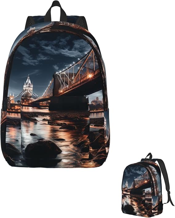 Backpack for Men Women 15.7-17.7 Inch Laptop Backpack Bridge at night Daypack Laptop Bag for Travel, Black, S