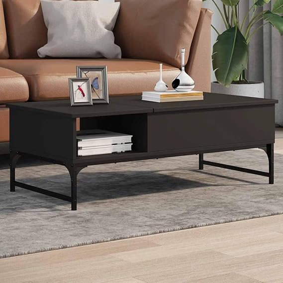 Black Coffee Table, Modern Engineered Wood & Metal Living Room Furniture, 100x50x35 cm with Hidden Storage, Adjustable Feet, Durable Sofa Center Table for Home