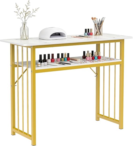 Marble Manicure Table with Golden Frame & Storage Shelf, Professional Nail Tech Desk for Salon Spa Home 100 cm